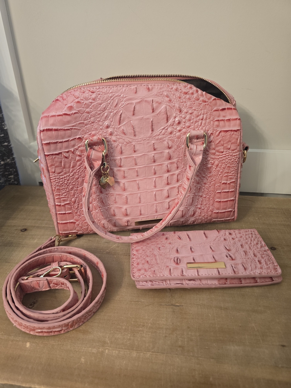Croc-Embossed Pink Dome Satchel with Matching Wallet